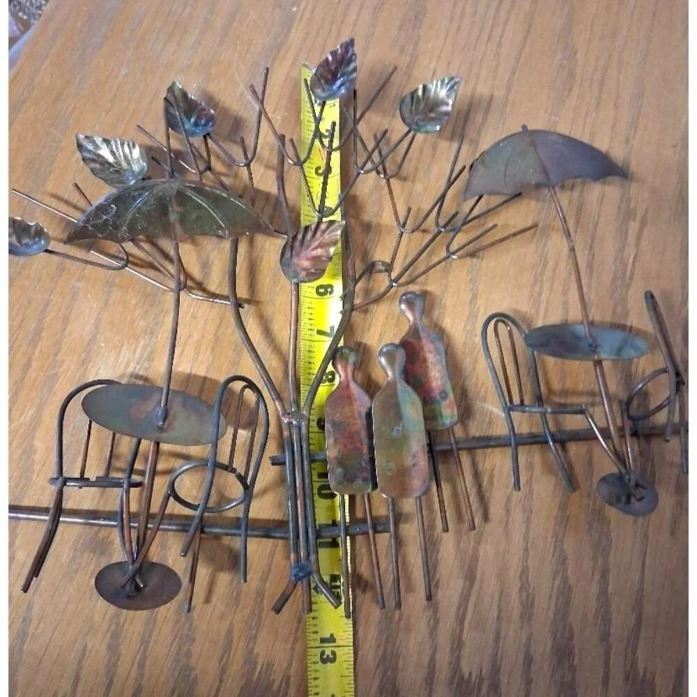 Vintage 1974 Enesco Copper Wall Art Sculpture With Tree Umbrellas & Chairs Made